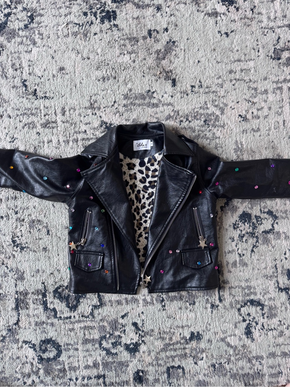 Lola and the Boys Black Studded Leather Moto Jacket with Leopard Lining